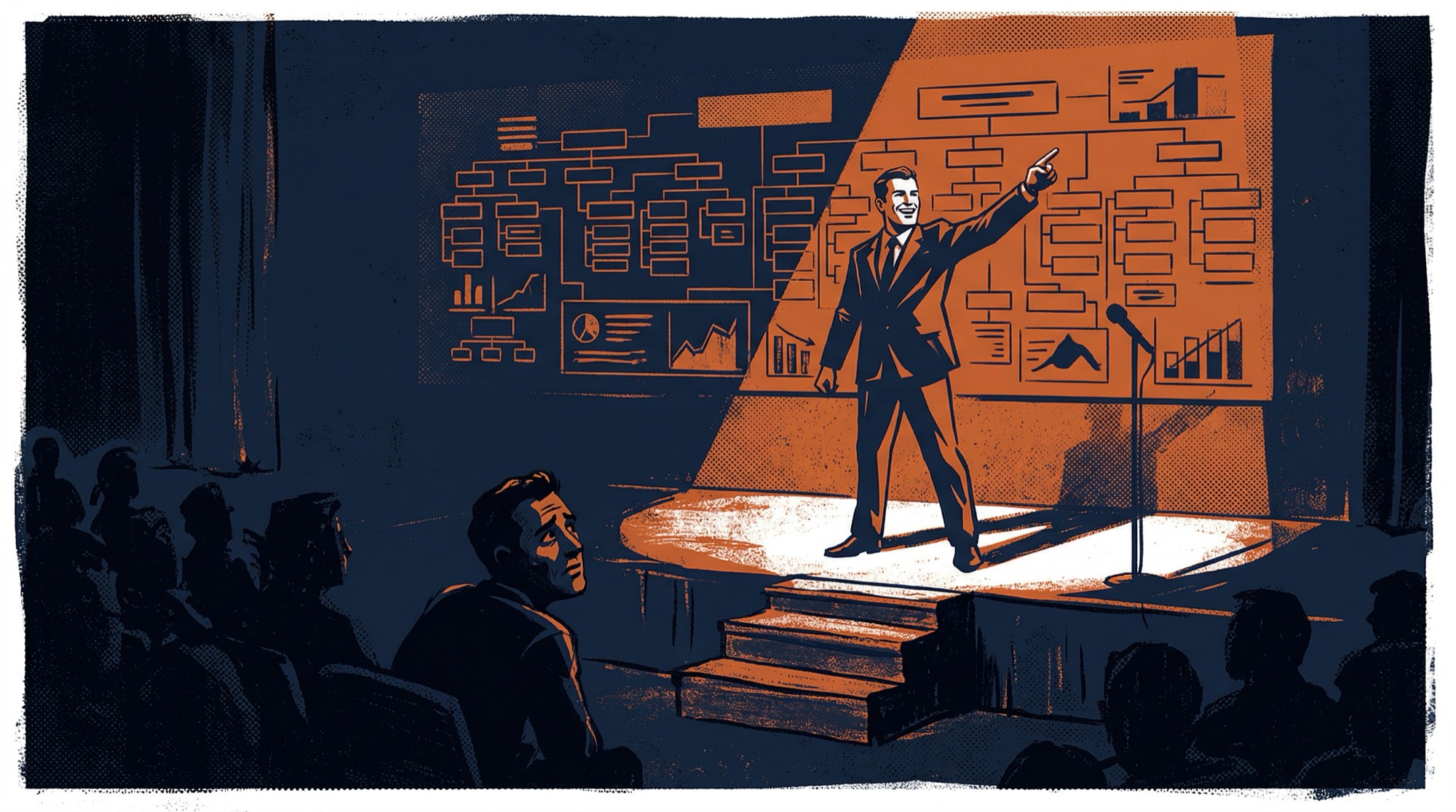 插图1：老板对着组织架构图自信讲解，台下客户一脸困惑