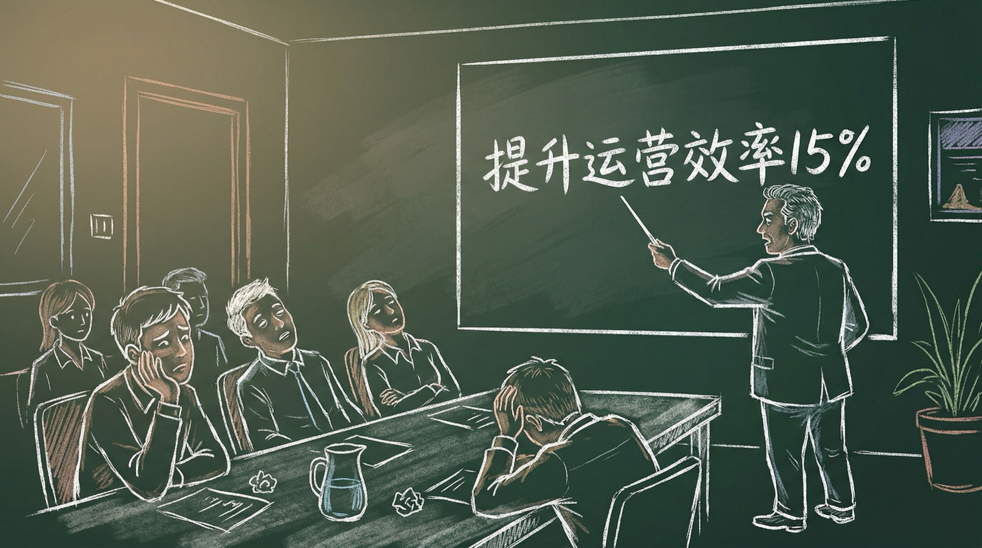 会议室里老板指着白板上的战略，员工一脸困惑