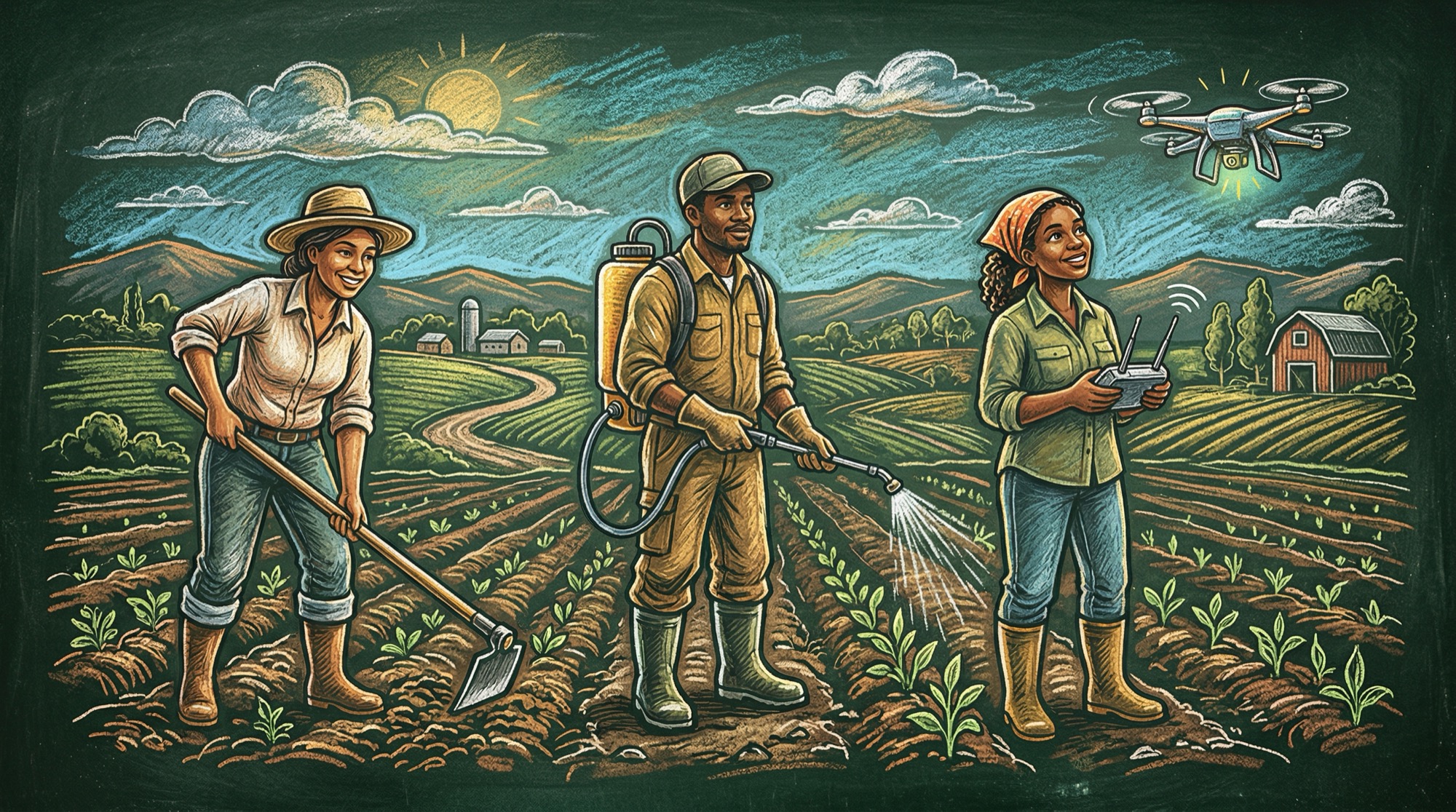 三个农民从锄头到喷药机到无人机，层层递进