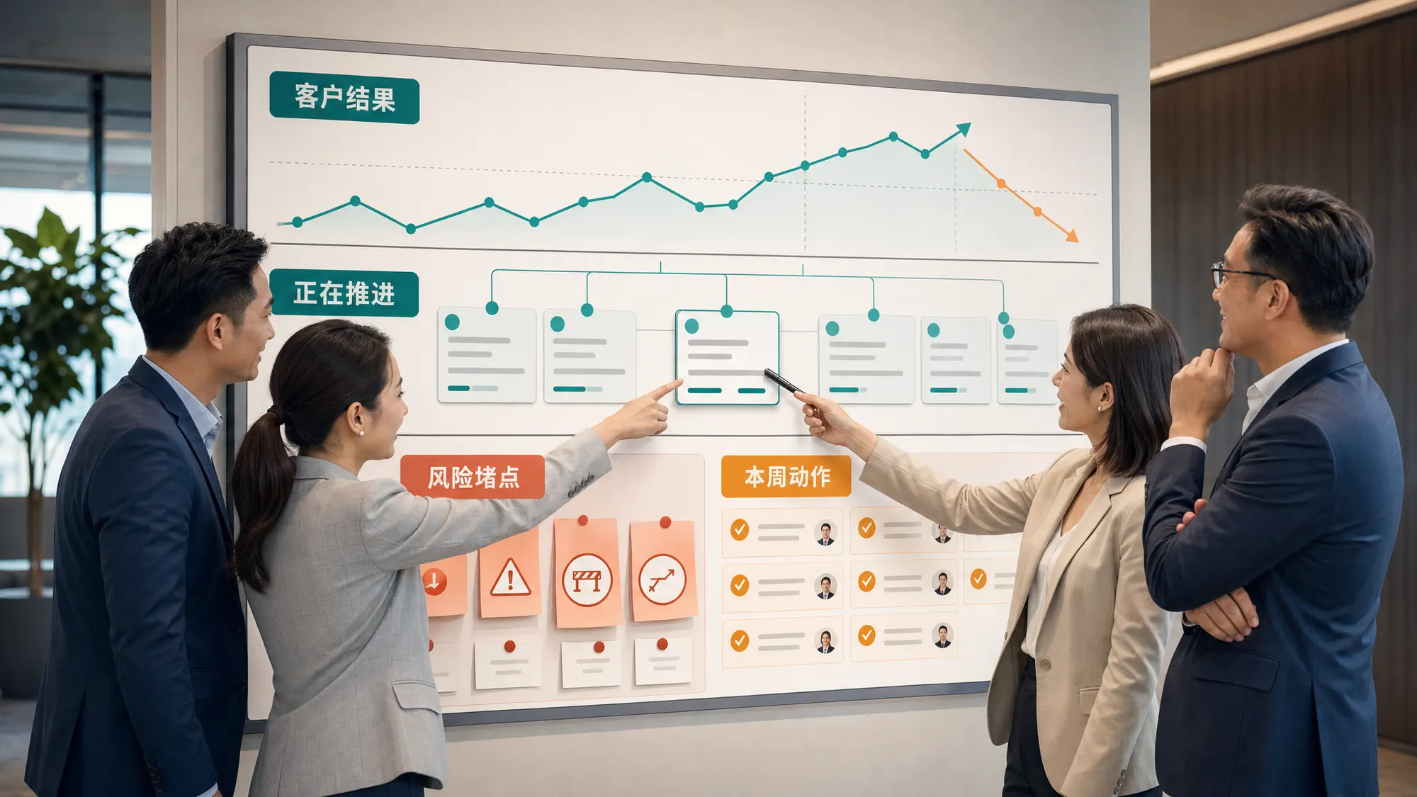 一面墙让客户结果、工作和堵点连起来